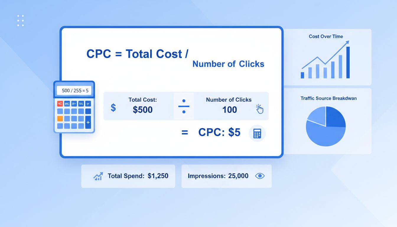 Cost per click calculation formula and example showing $500 divided by 100 clicks equals $5 CPC with professional dashboard visualization