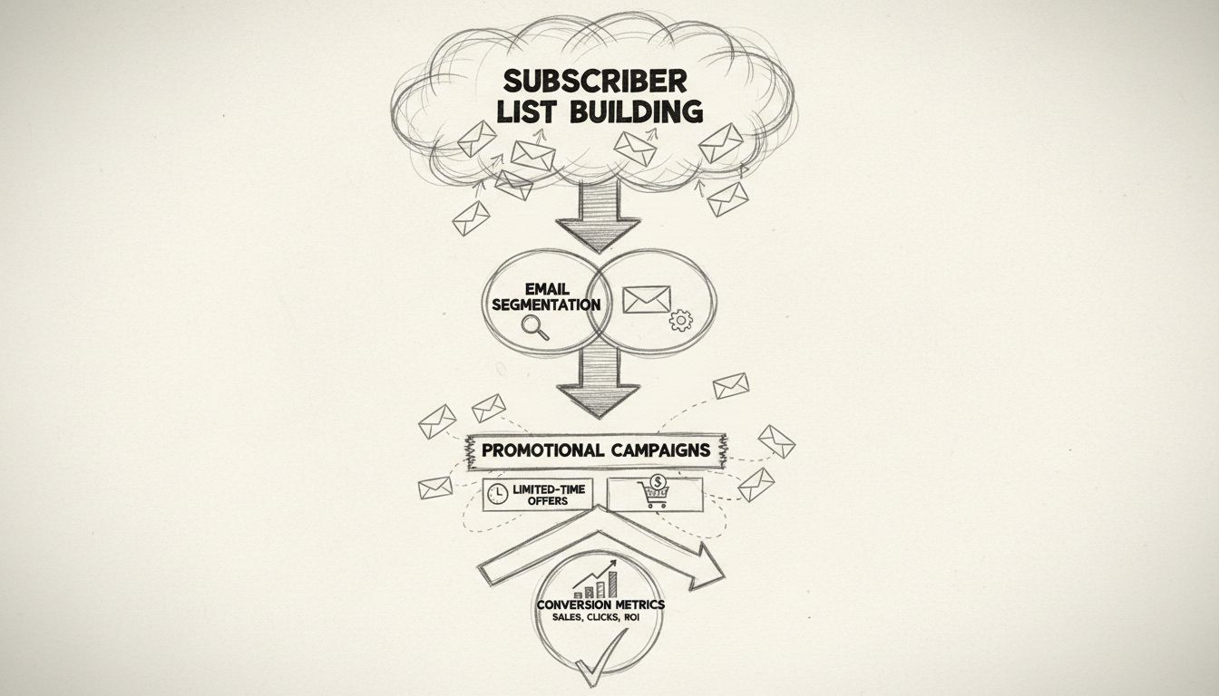 Email marketing funnel diagram showing subscriber list building, segmentation, promotional campaigns, and conversion tracking for affiliate promotions