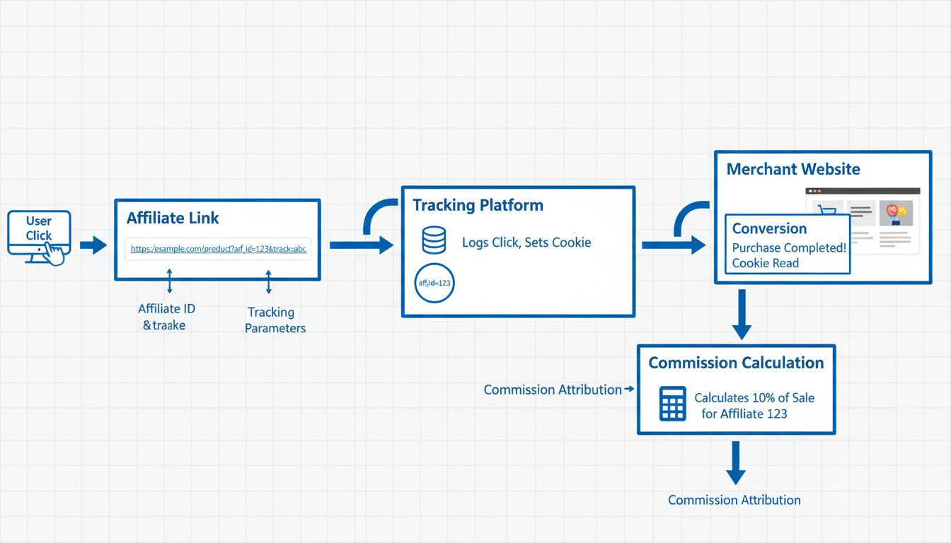 Technical diagram showing affiliate tracking link flow with user click, tracking parameters, and conversion attribution