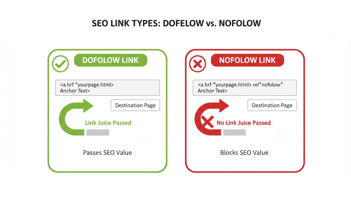 Technical diagram comparing dofollow and nofollow links showing link juice flow and HTML code examples