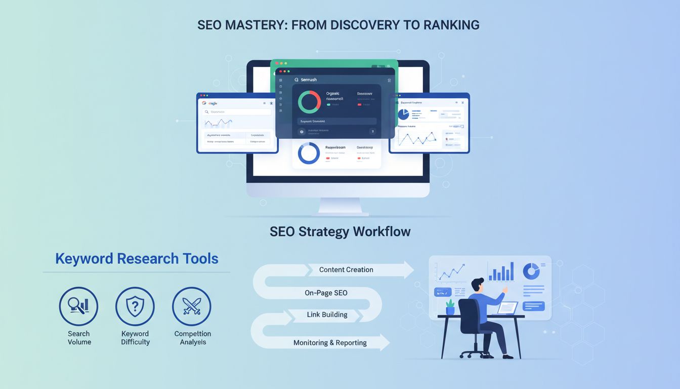 Keyword research tools dashboard showing search volume, keyword difficulty, and competition analysis