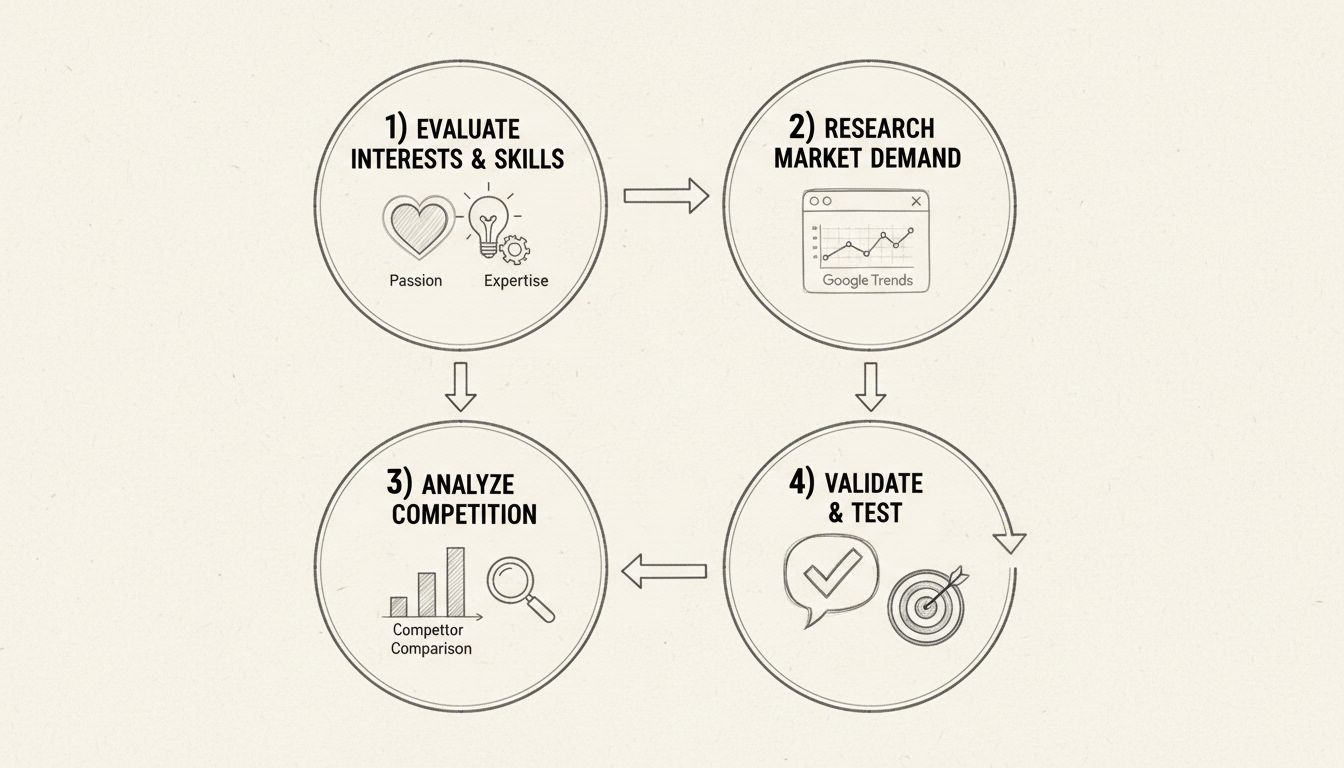 Hand-drawn diagram showing the niche selection framework with 4 steps: Evaluate Interests & Skills, Research Market Demand, Analyze Competition, and Validate & Test