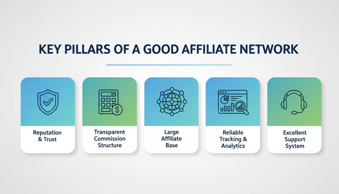Key pillars of a good affiliate network including reputation, transparent commissions, affiliate base, tracking tools, and support