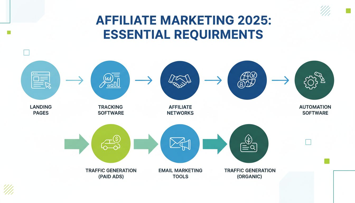 Essential requirements to start affiliate marketing including landing pages, tracking software, affiliate networks, traffic generation, email marketing, and automation tools