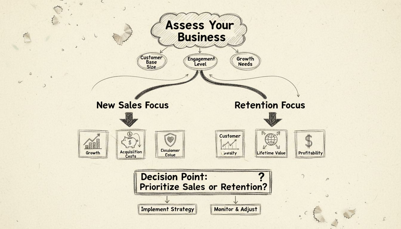 Business decision tree diagram showing acquisition vs retention strategy with assessment metrics