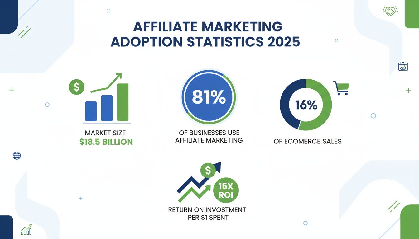 Affiliate marketing adoption statistics 2025 showing 81% business adoption rate, $18.5 billion market size, and key performance metrics