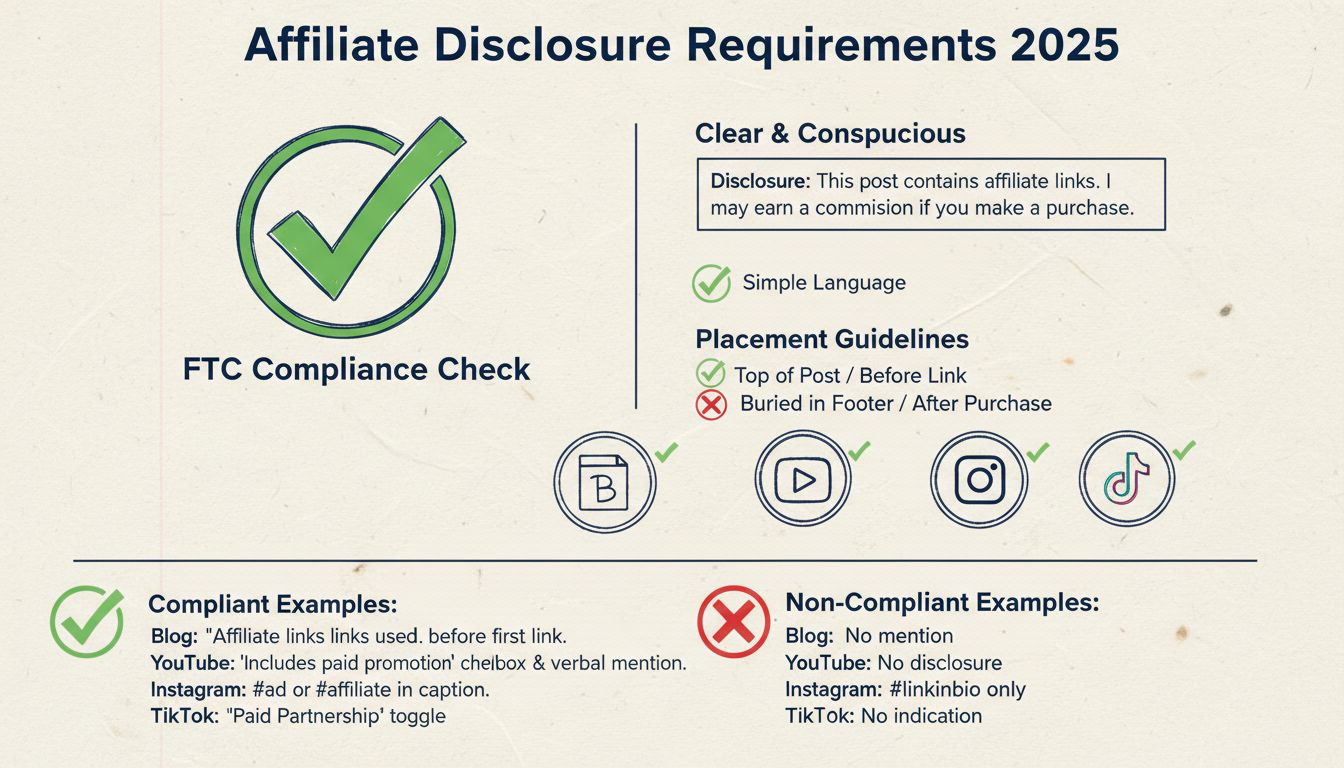 Affiliate disclosure requirements infographic showing FTC compliance, clear disclosure statements, placement guidelines, and platform-specific requirements for 2025