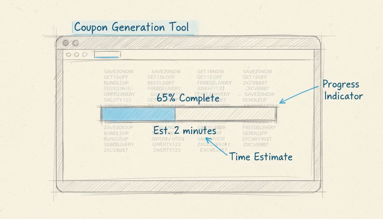 Coupon generation progress bar interface showing 65% completion with estimated time remaining