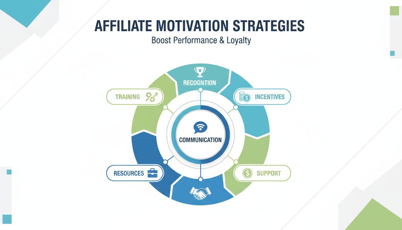 Affiliate motivation strategies pyramid showing communication, recognition, incentives, support and resources