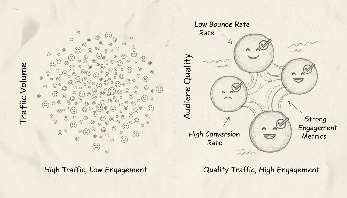 Hand-drawn diagram comparing high traffic with low engagement versus quality traffic with high engagement for affiliate network acceptance