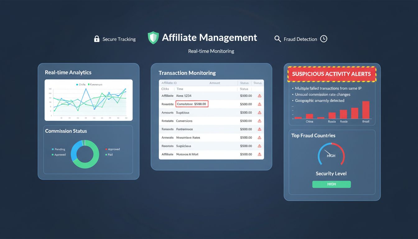 Professional affiliate management dashboard with fraud detection, real-time monitoring, and analytics