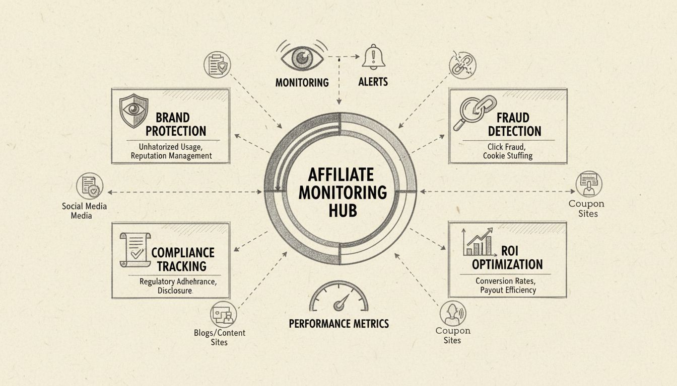 Affiliate monitoring dashboard showing brand protection, fraud detection, compliance tracking, and ROI optimization metrics