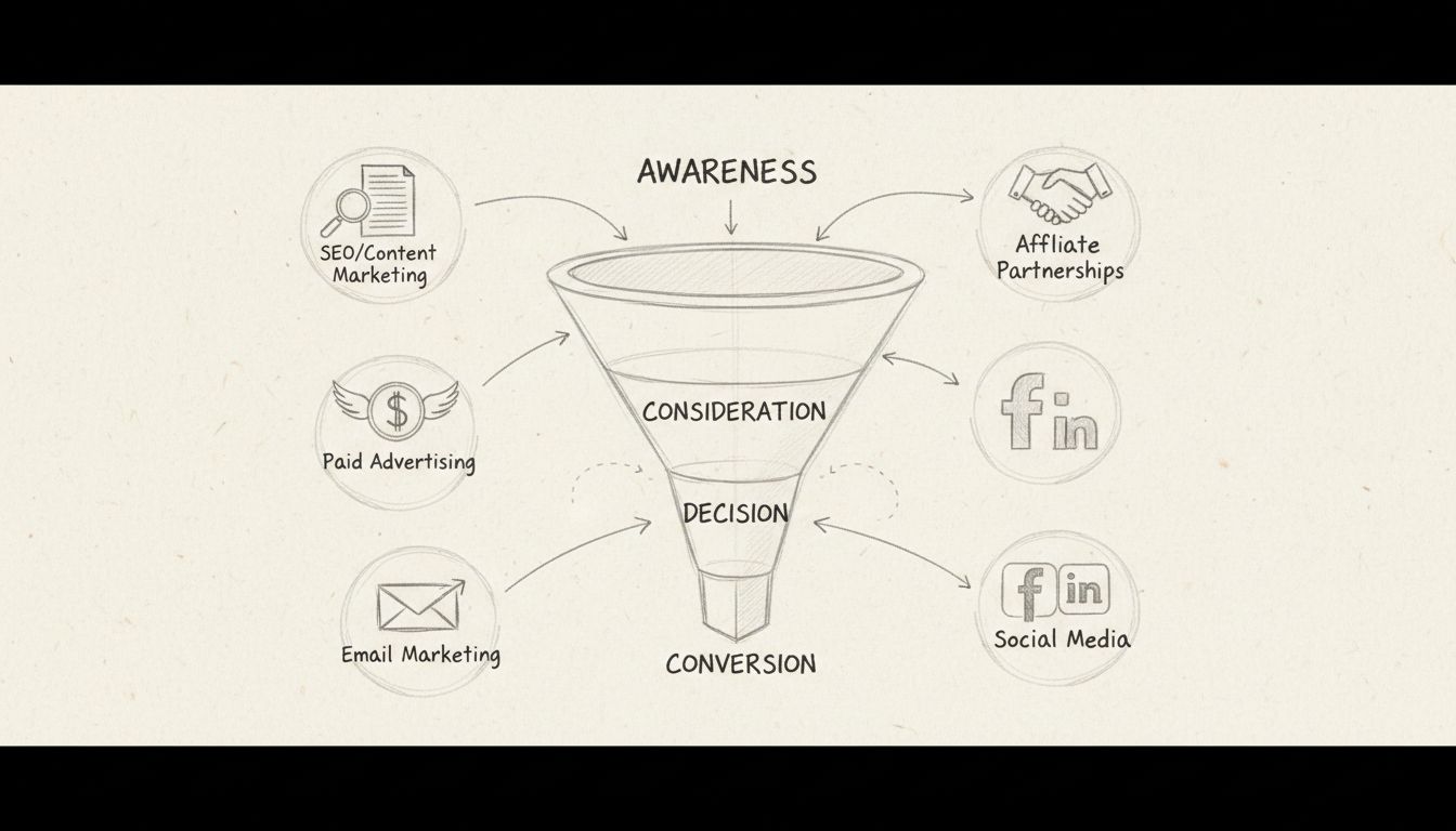 Lead generation strategy funnel diagram showing awareness, consideration, decision, and conversion stages with multiple marketing channels