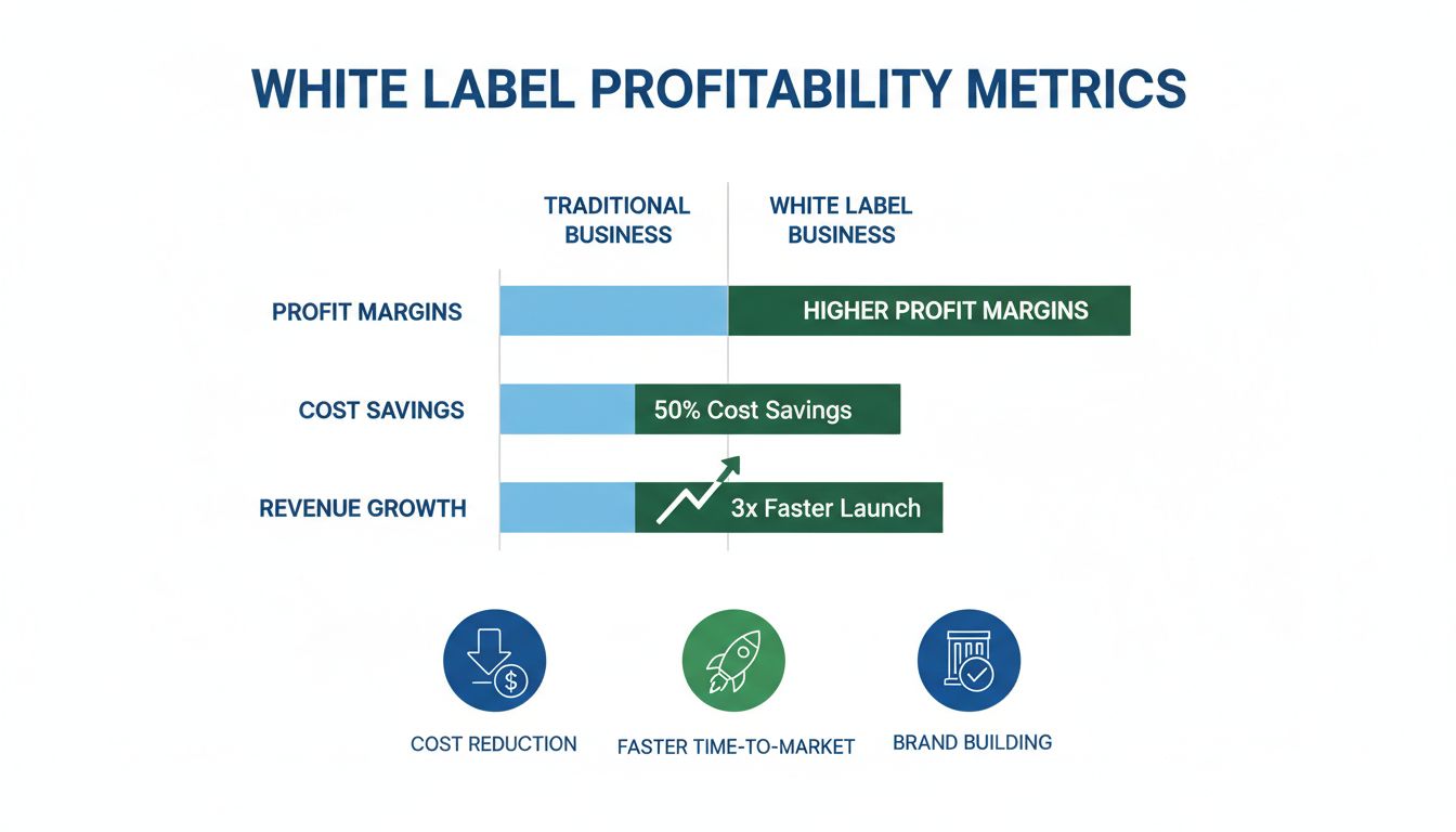White label profitability metrics showing cost savings, faster launch times, and higher profit margins