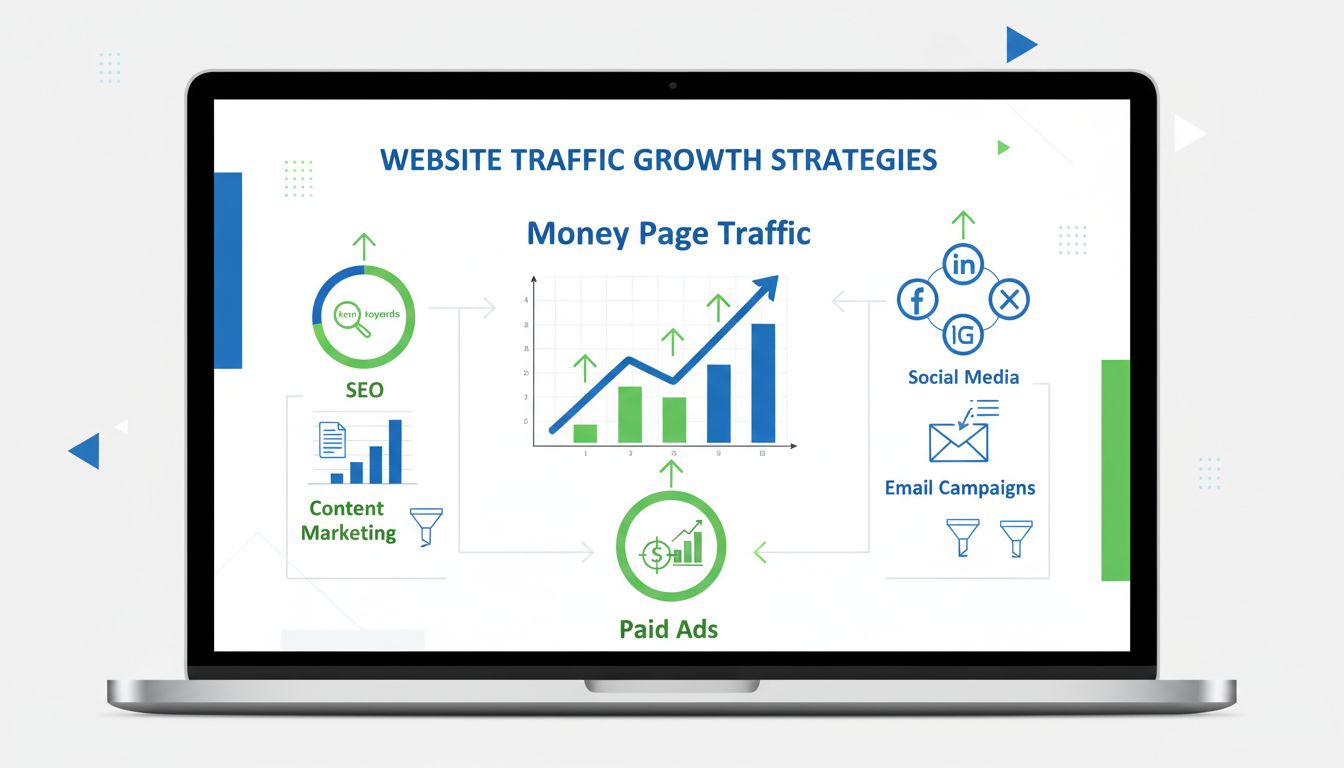 Website traffic growth strategies dashboard showing SEO, content marketing, social media, email campaigns, and paid advertising analytics