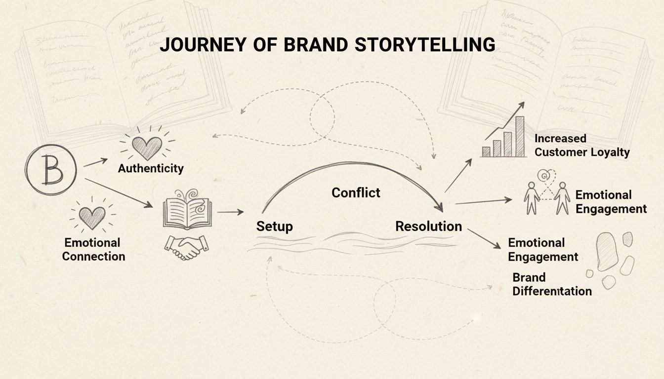 Hand-drawn diagram showing brand storytelling journey with emotional connection, authenticity, trust, narrative arc, and customer loyalty outcomes