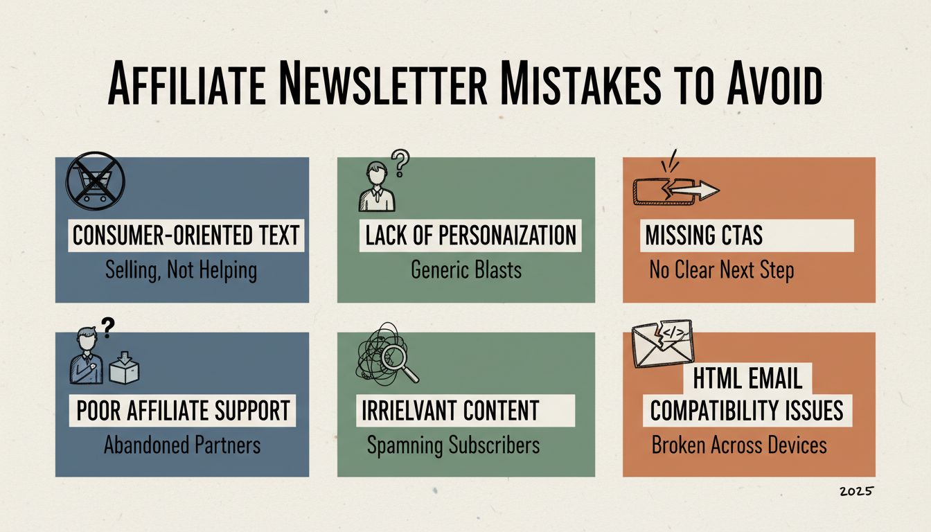 Common affiliate newsletter mistakes infographic showing consumer-oriented text, lack of personalization, missing CTAs, poor affiliate support, irrelevant content, and HTML email compatibility issues