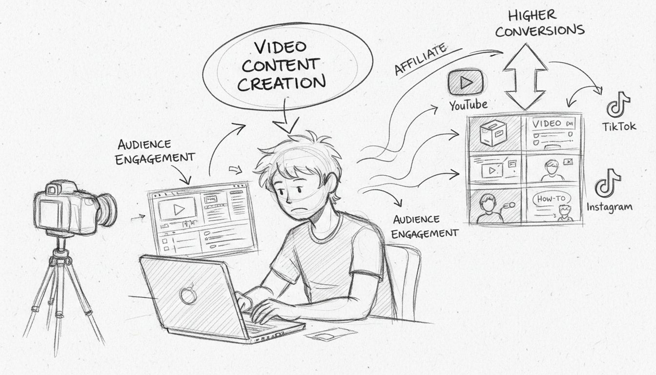 Hand-drawn diagram showing affiliate marketer creating and promoting online video content across social media platforms with labels for video creation, affiliate marketing, higher conversions, and audience engagement