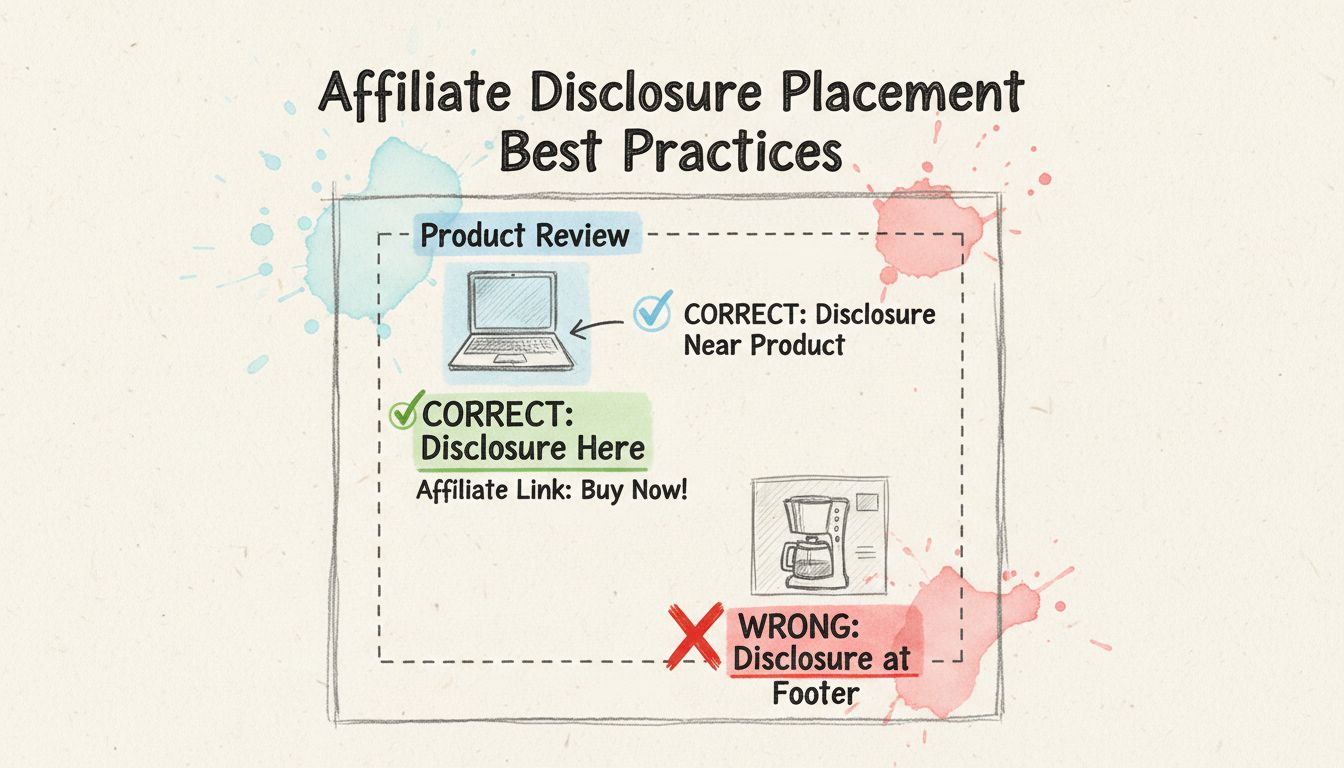 Hand-drawn diagram showing correct and incorrect affiliate disclosure placement on a blog post, with checkmarks for proper placement above links and X marks for incorrect footer placement