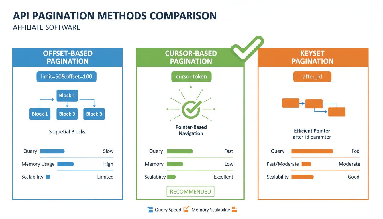 API pagination methods comparison showing offset-based, cursor-based, and keyset pagination