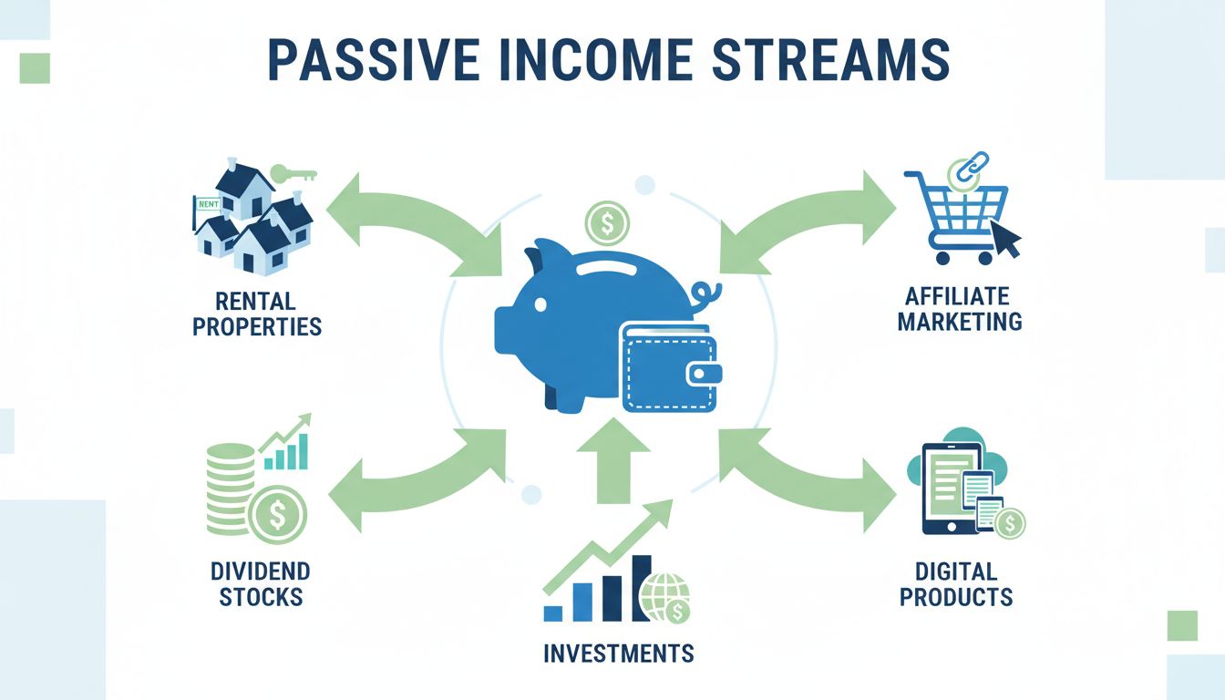 Infographic showing passive income streams including rental properties, dividend stocks, affiliate marketing, digital products, and investments