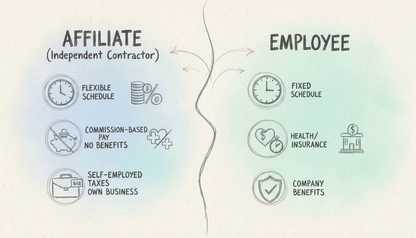 Comparison diagram showing differences between affiliate independent contractors and employees with icons for schedule, pay, benefits, and taxes