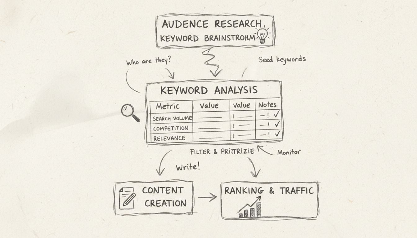 Keyword research process flow diagram showing stages from audience research through ranking and traffic