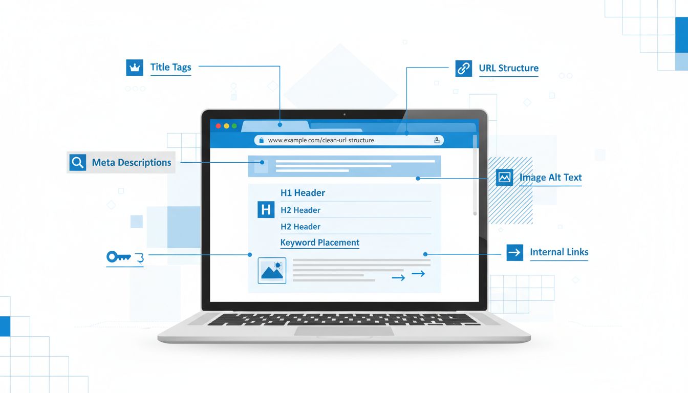 On-page SEO optimization elements including title tags, meta descriptions, header tags, keyword placement, URL structure, internal links, and image alt text displayed on a laptop screen
