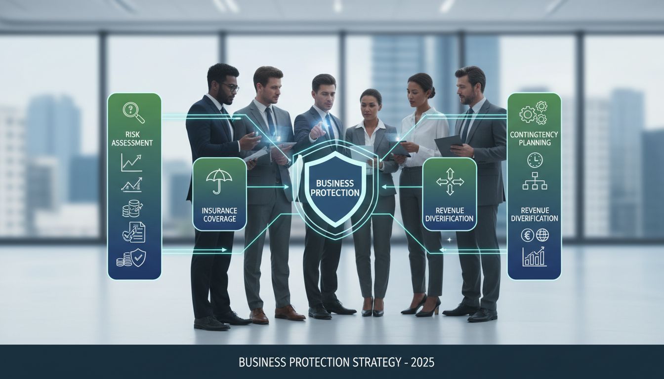 Business protection strategy diagram showing four key pillars: Risk Assessment, Contingency Planning, Insurance Coverage, and Revenue Diversification
