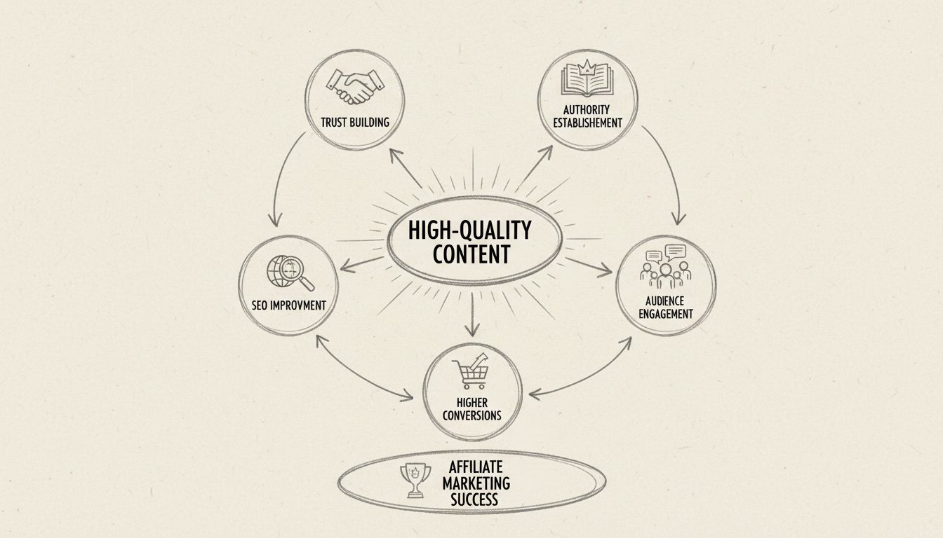 Hand-drawn diagram showing how high-quality content leads to trust building, authority establishment, SEO improvement, audience engagement, and higher conversions in affiliate marketing