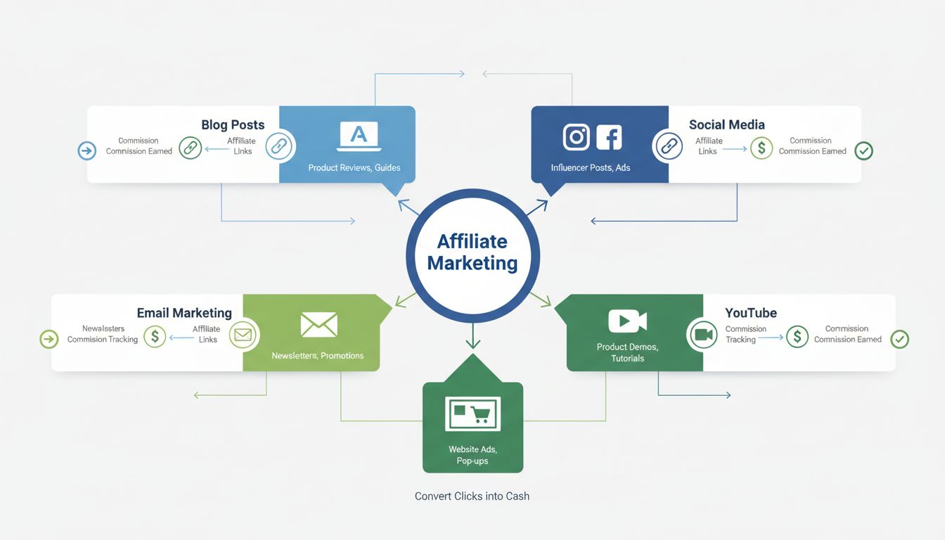 Affiliate marketing promotion channels infographic showing blog posts, social media, email marketing, YouTube, and banners connected to affiliate marketing hub