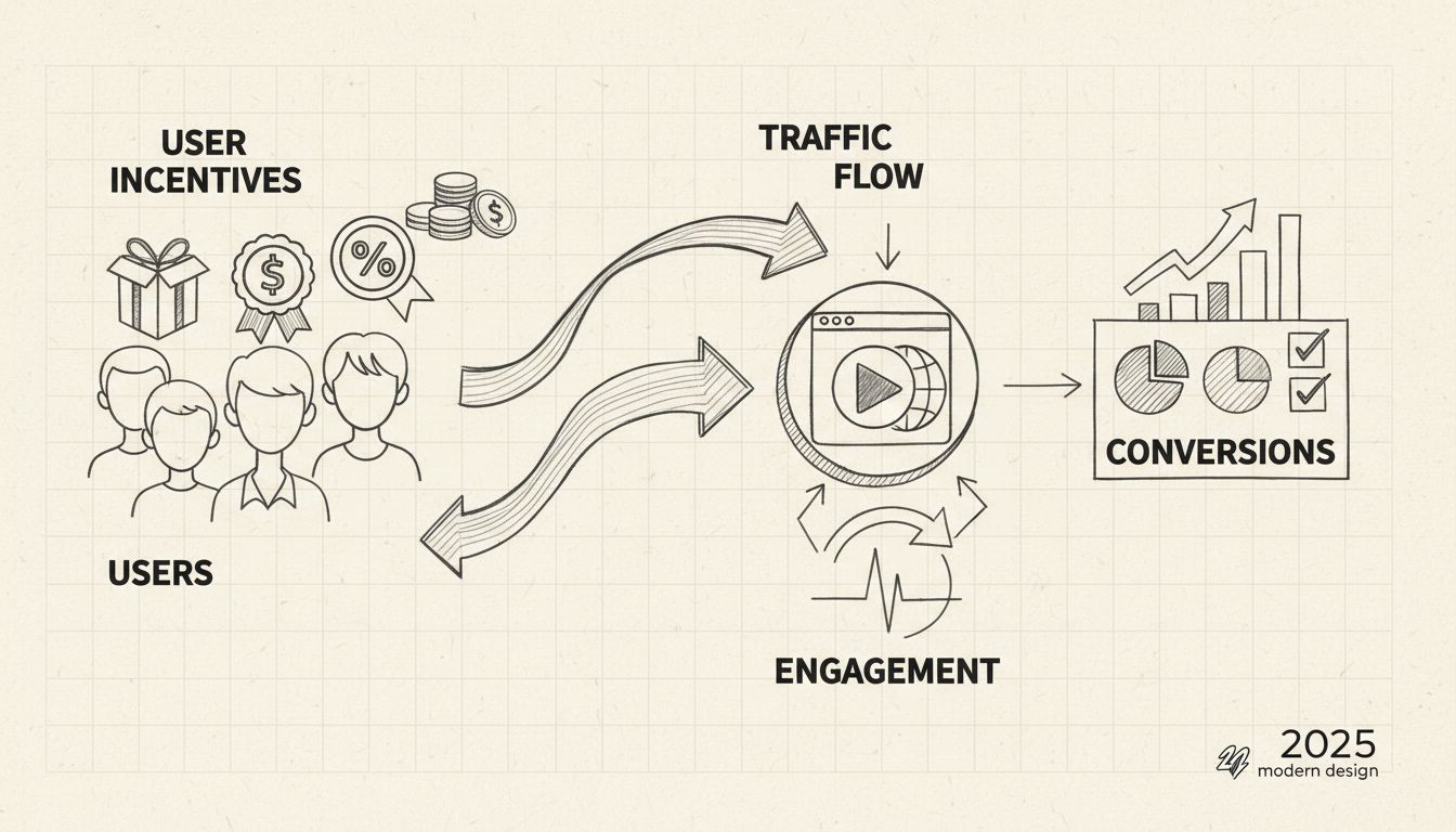 Hand-drawn diagram showing incentivized traffic flow with user incentives, traffic flow arrows, and conversion metrics