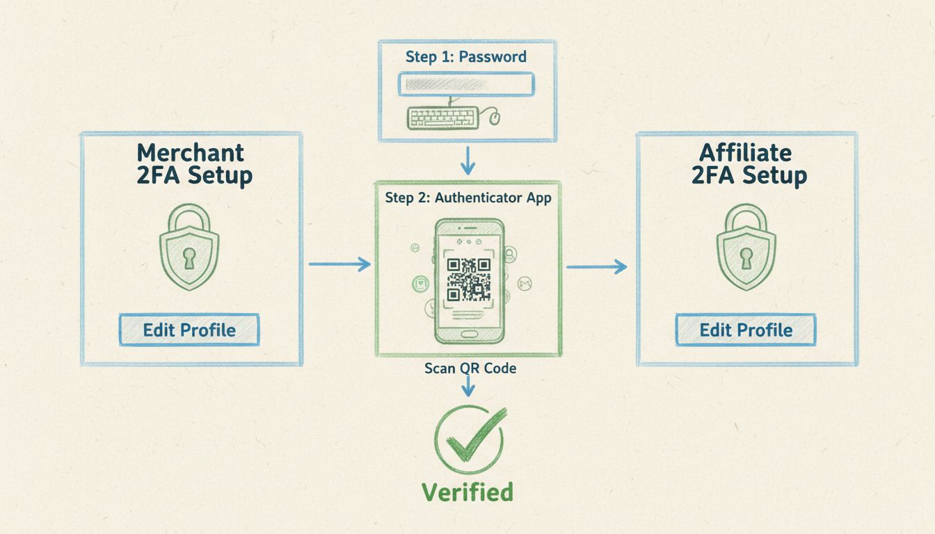 2-step verification setup diagram for merchants and affiliates showing Edit Profile access and authentication app integration