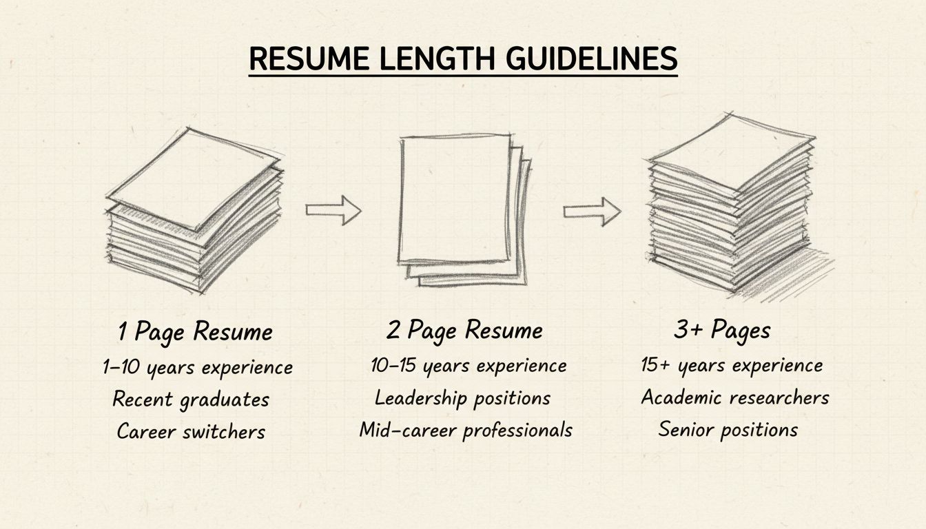 Resume length guidelines diagram showing 1 page for 1-10 years experience, 2 pages for 10-15 years, and 3+ pages for 15+ years and specialized roles