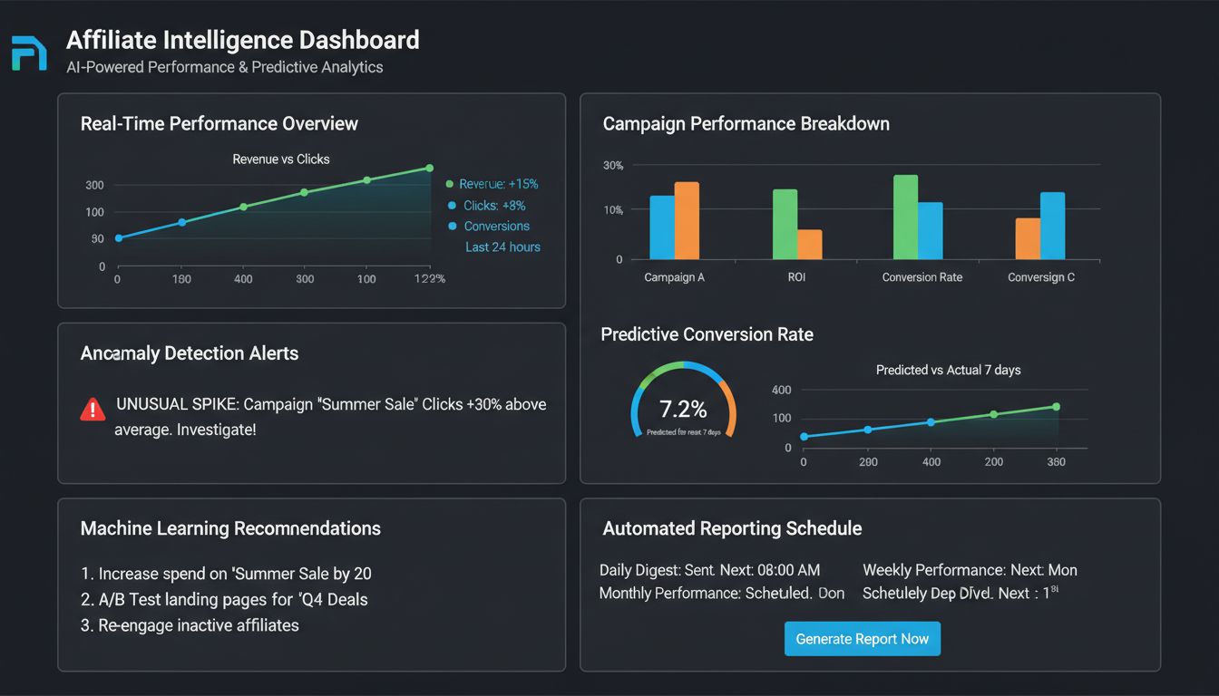 AI-powered analytics dashboard showing real-time performance metrics, anomaly detection alerts, and predictive analytics graphs for affiliate marketing