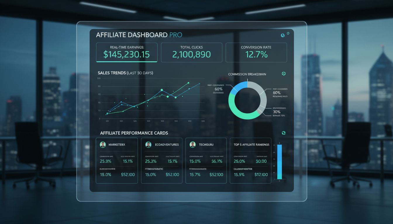 Affiliate marketing software dashboard showing real-time tracking metrics, commission calculations, and performance analytics with affiliate performance cards displaying conversion rates and earnings data