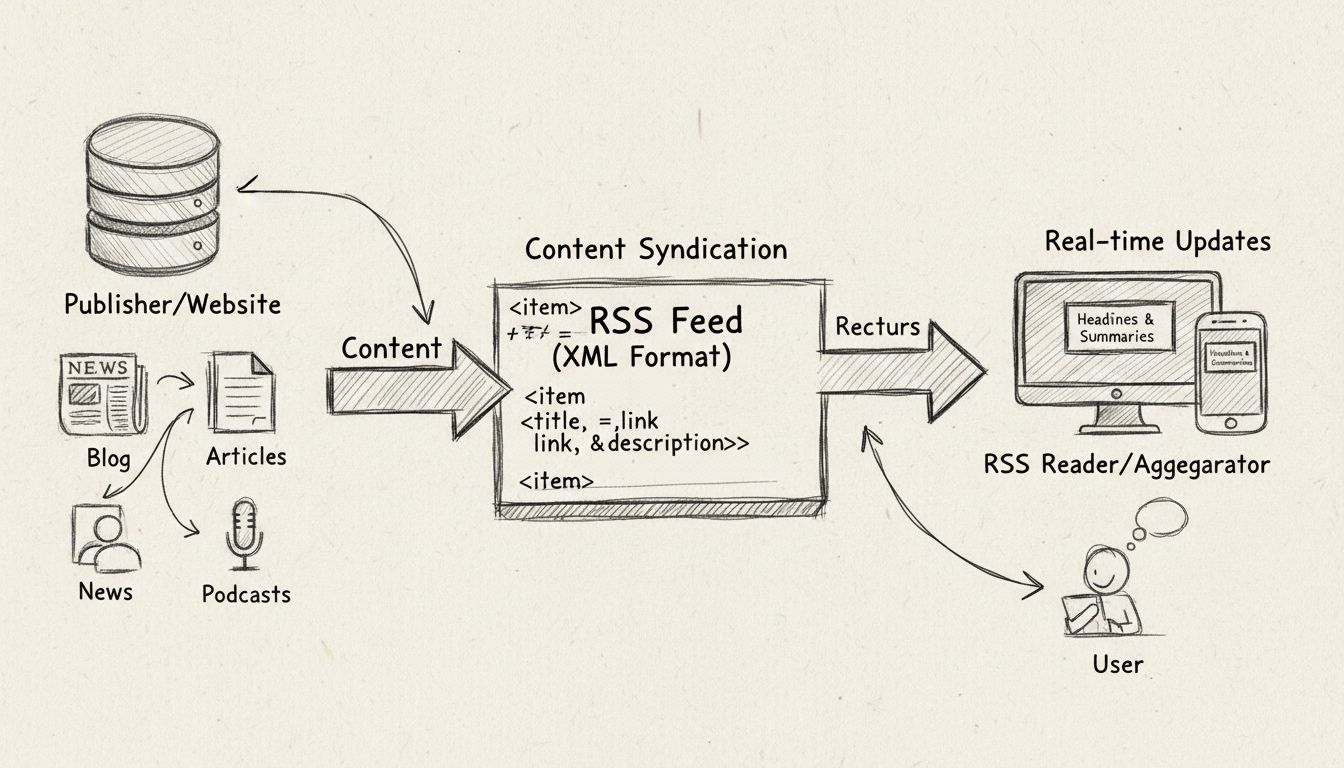 Hand-drawn diagram showing RSS workflow with content syndication, real-time updates, multiple sources, RSS reader, and headlines aggregation