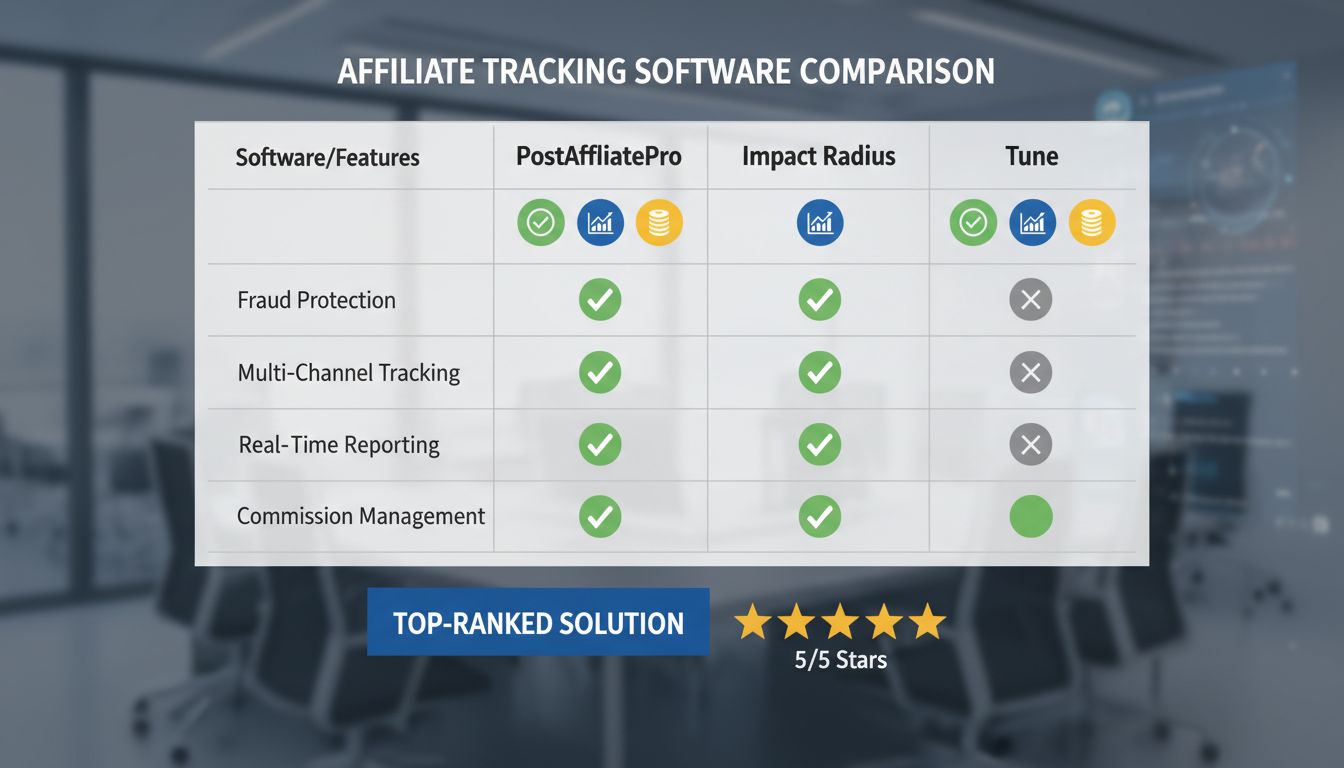 Affiliate tracking software comparison chart showing PostAffiliatePro as top-ranked solution with advanced features for fraud protection, multi-channel tracking, and real-time reporting