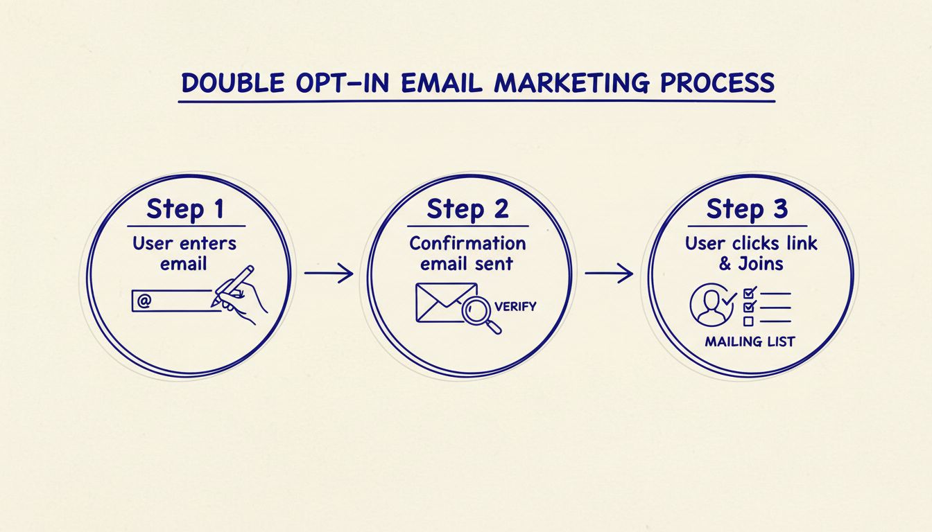 Double opt-in process flow diagram showing three steps: user enters email, confirmation email sent, and user clicks verification link
