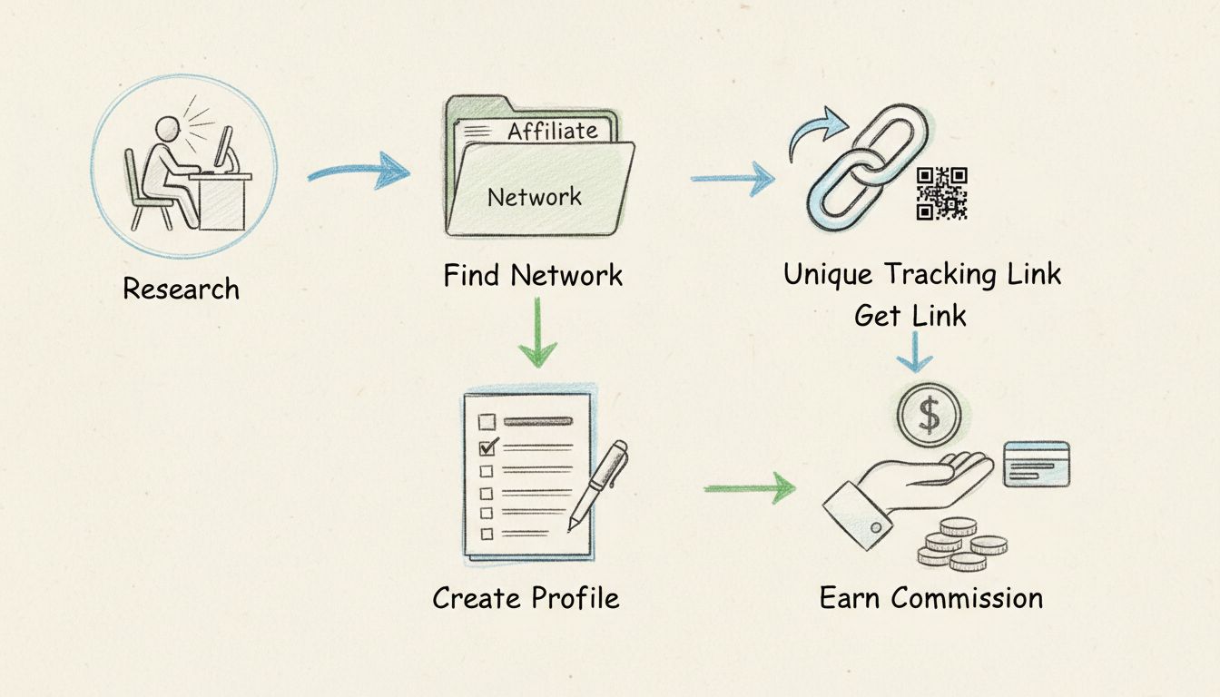 Hand-drawn diagram showing the step-by-step process of joining an affiliate network with research, profile creation, link generation, and commission earning stages