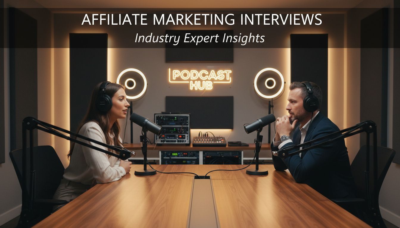 Professional podcast interview setup with affiliate marketing experts discussing strategies and insights