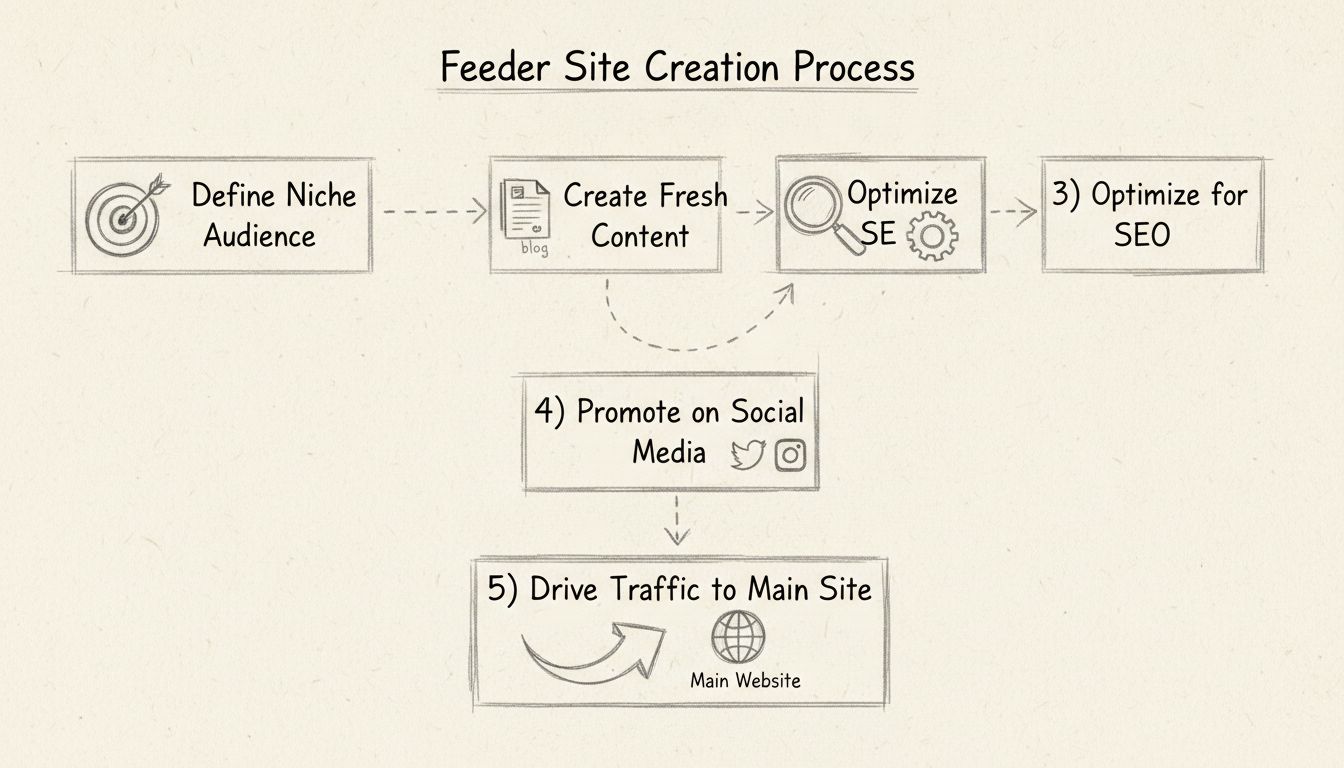 Feeder site creation process flowchart showing five steps: Define Niche Audience, Create Fresh Content, Optimize for SEO, Promote on Social Media, and Drive Traffic to Main Site