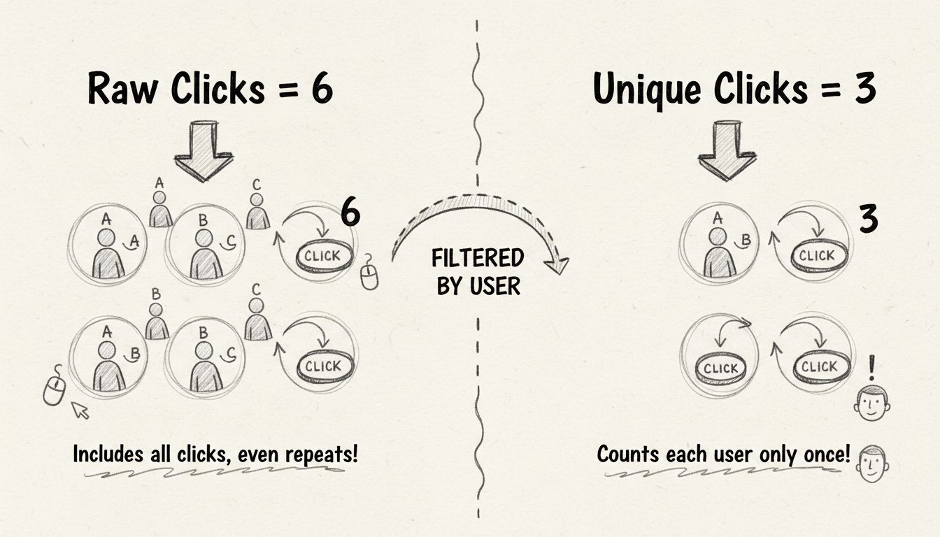 Hand-drawn diagram showing the difference between raw clicks and unique clicks with visual examples