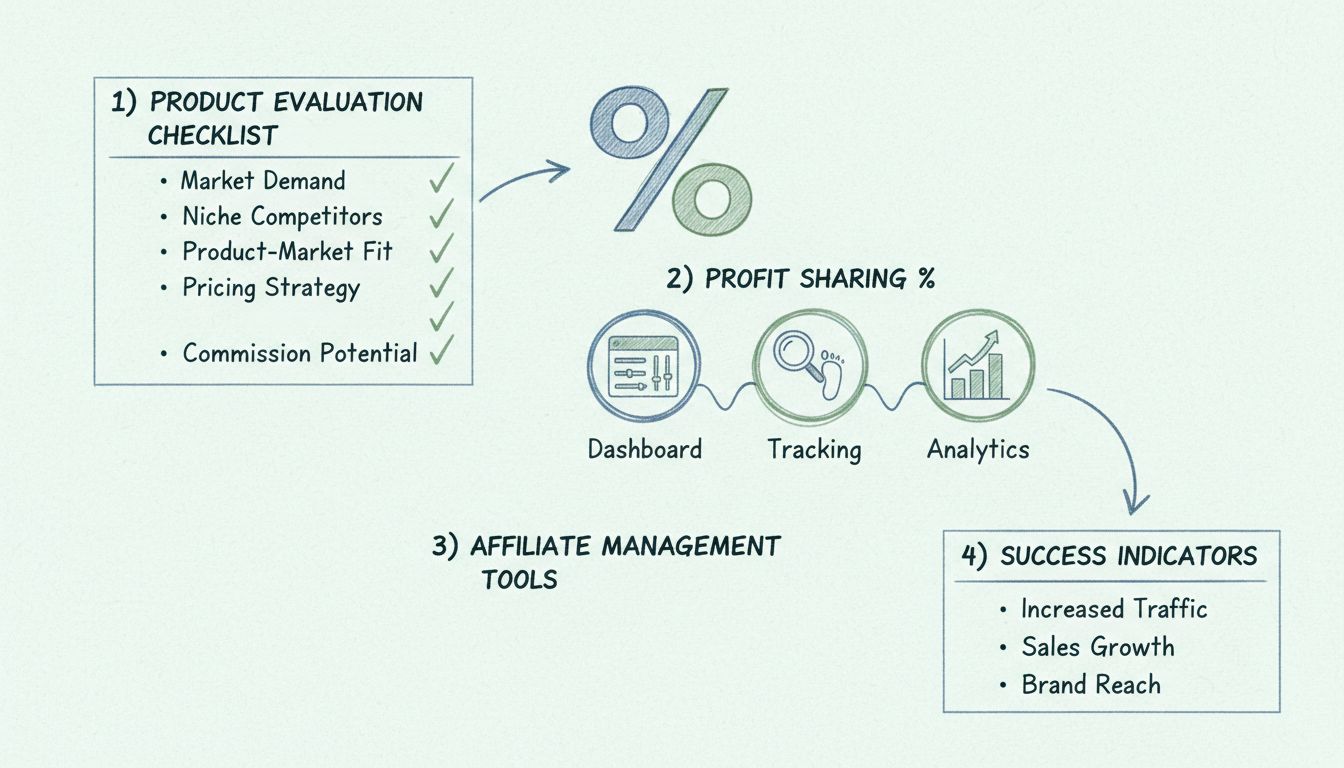 Hand-drawn diagram showing affiliate program setup steps including product evaluation, profit sharing, and management tools