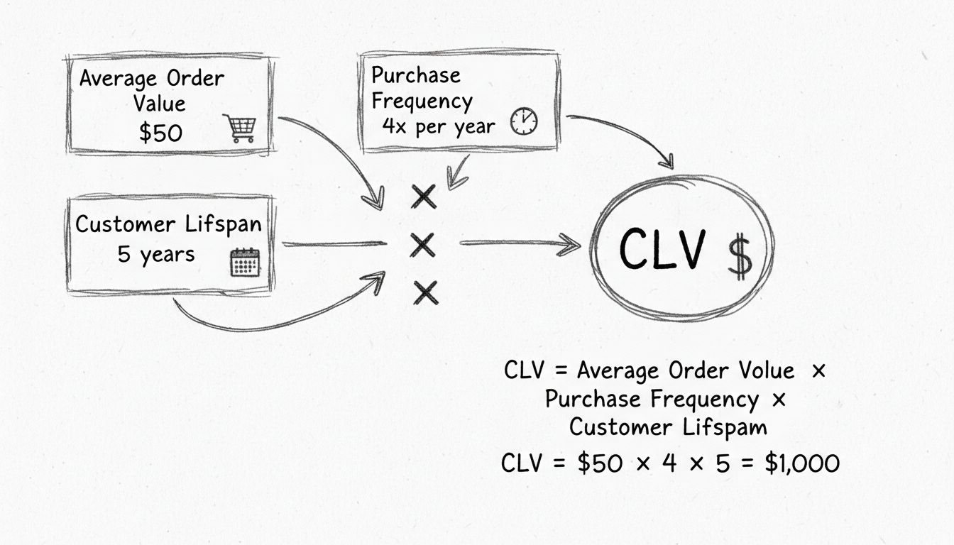 Hand-drawn diagram showing CLV calculation formula with Average Order Value, Purchase Frequency, and Customer Lifespan components