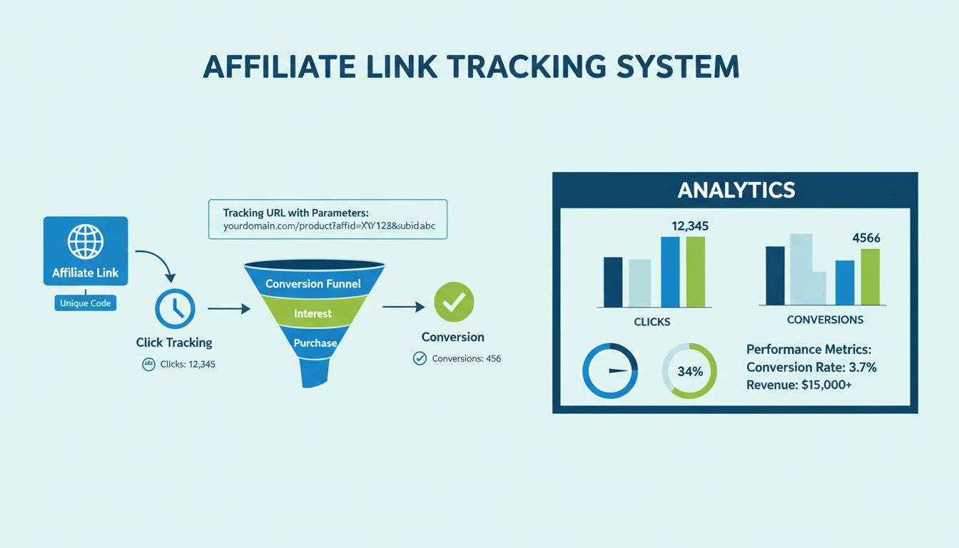 Affiliate link tracking system infographic showing unique tracking codes, analytics dashboard, and conversion flow
