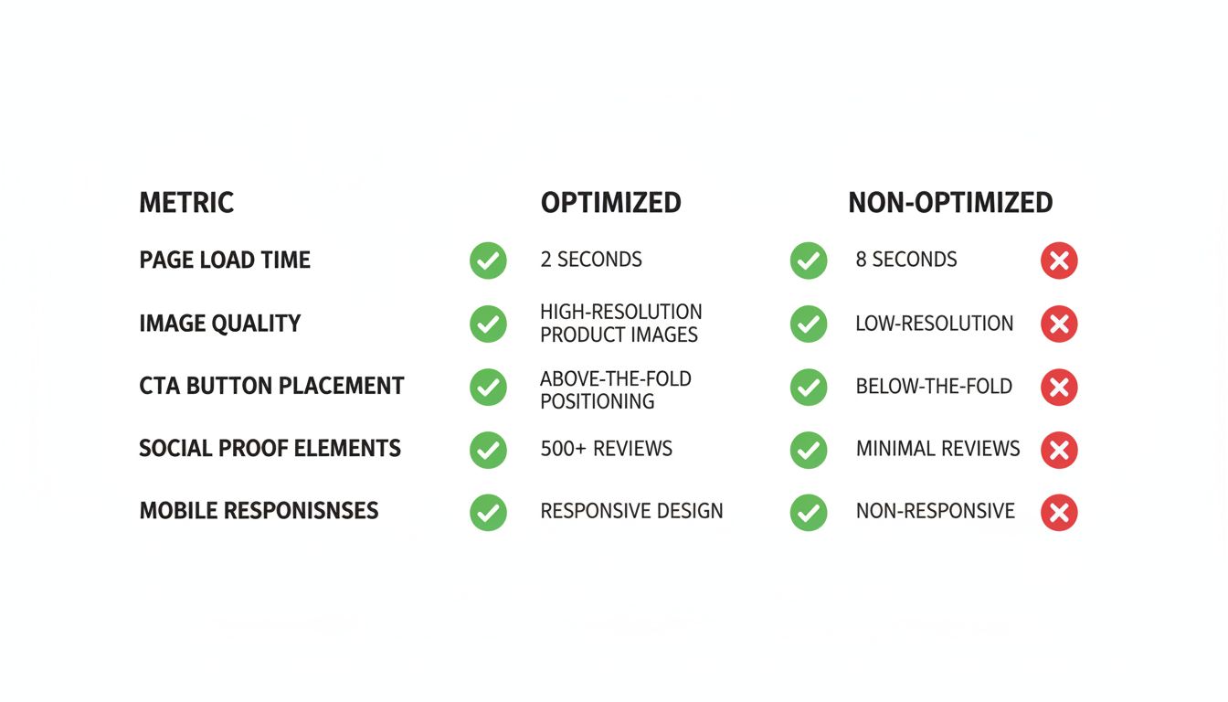 Comparison table showing affiliate product page optimization metrics including page load time, image quality, CTA placement, social proof elements, and mobile responsiveness
