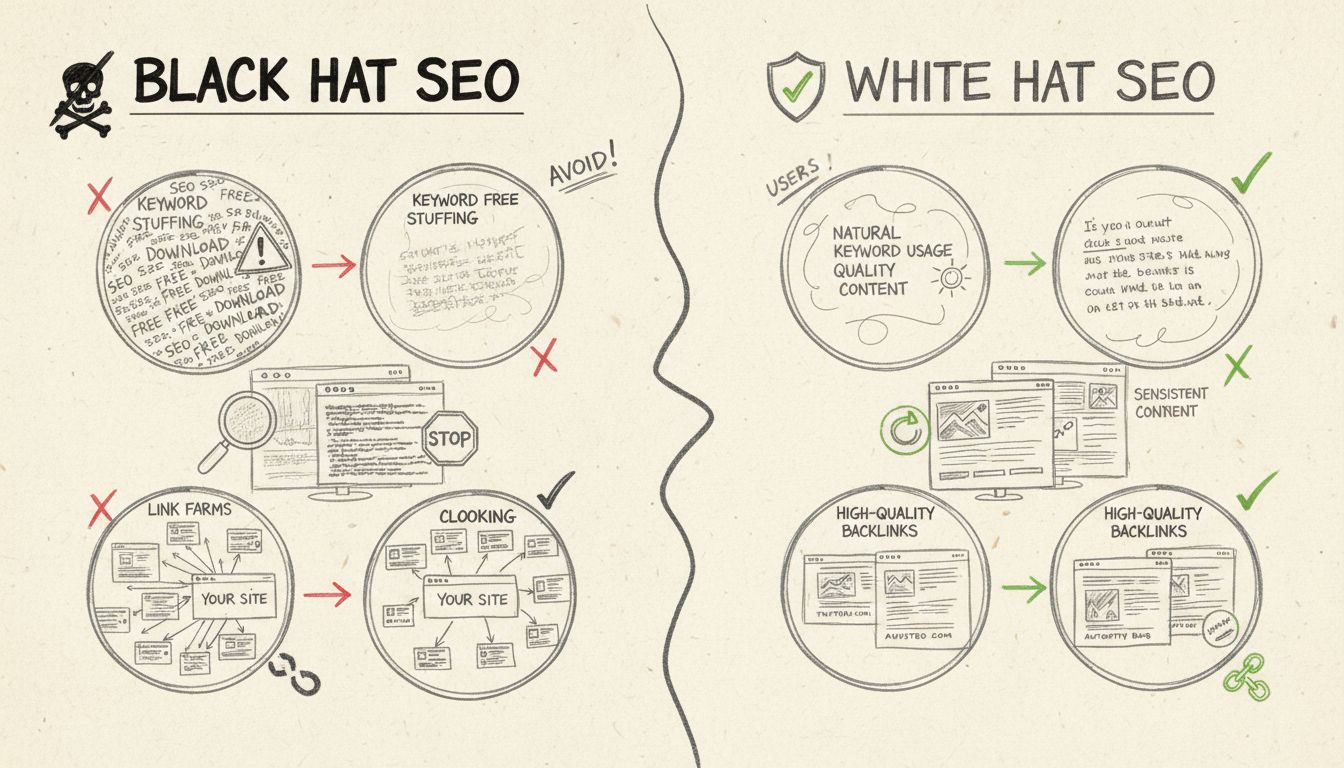 Black hat vs white hat SEO tactics comparison diagram showing prohibited techniques on left and ethical alternatives on right