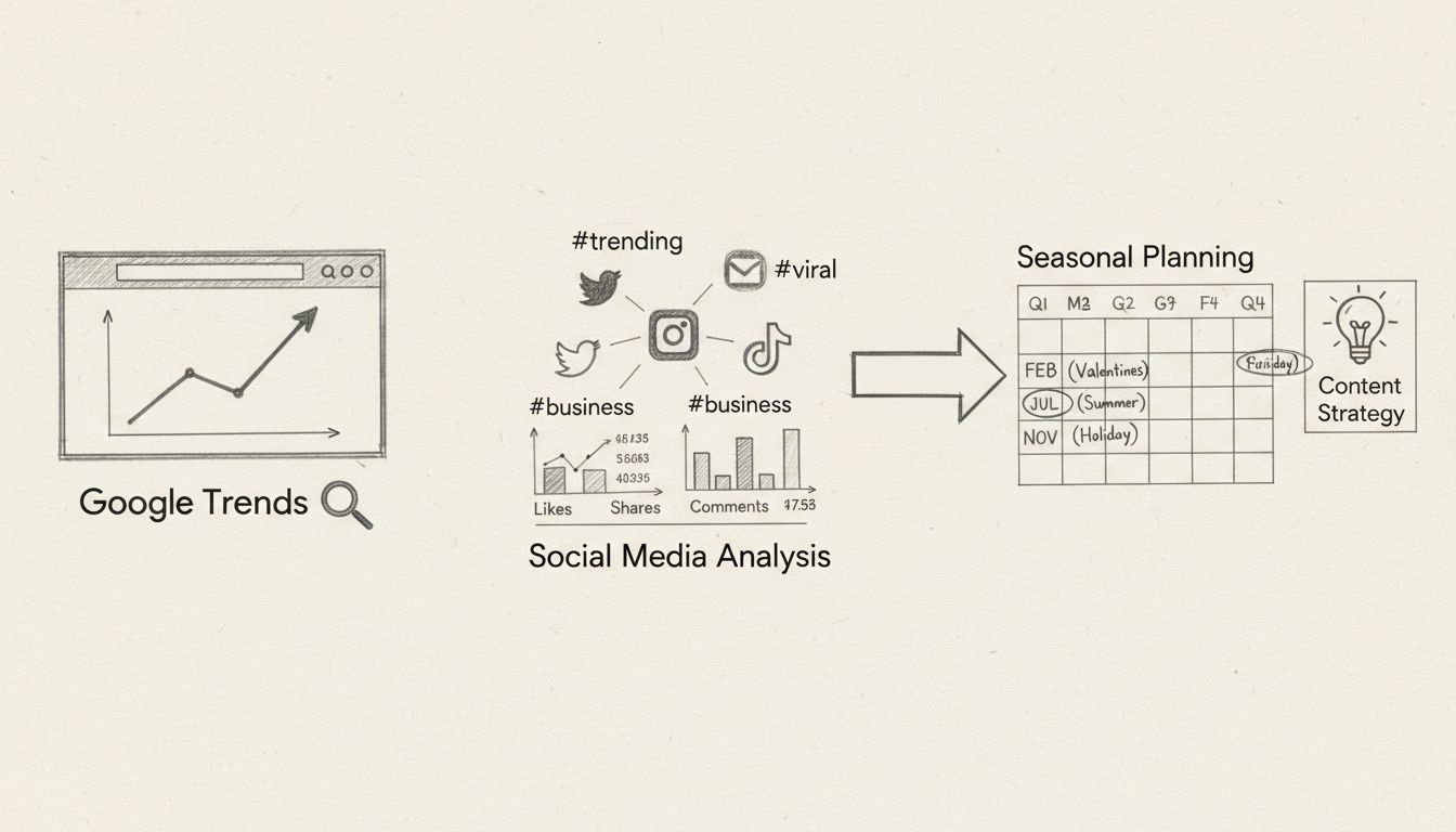 Trending topics research workflow diagram showing Google Trends interface, social media hashtag analysis, and seasonal content planning