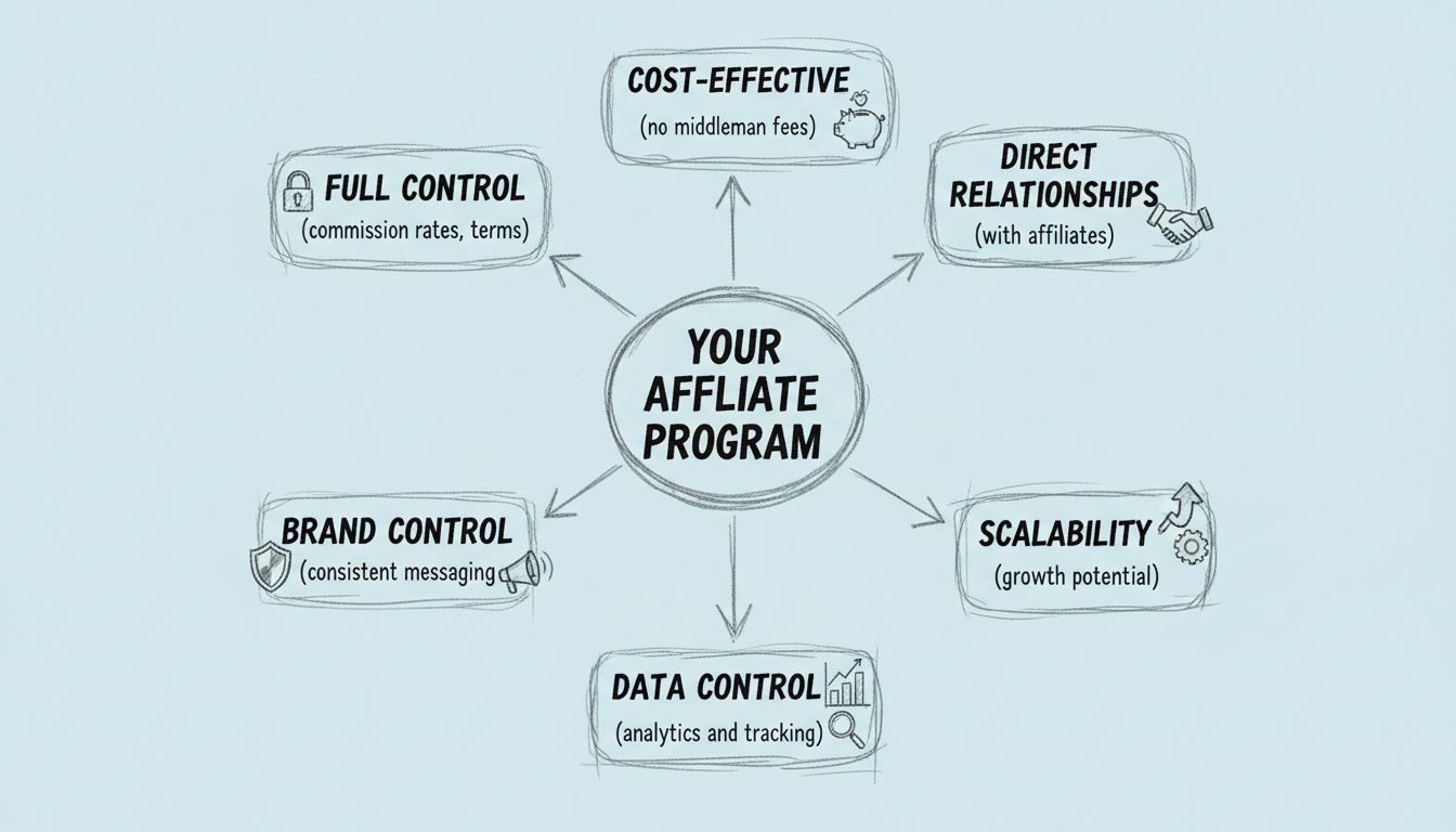 Hand-drawn diagram showing the six key advantages of creating your own affiliate program: Full Control, Cost-Effective, Direct Relationships, Brand Control, Data Control, and Scalability